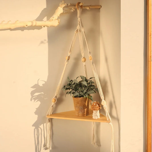 Rustic Boho Corner Shelf - Stylish Macrame Storage by Rooted Living