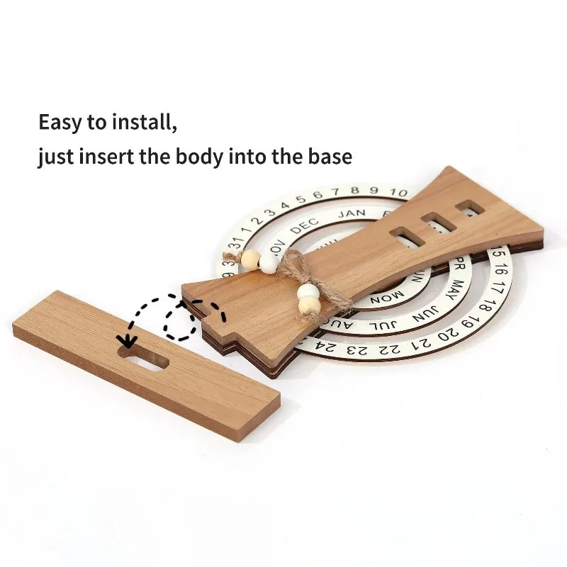 Calendário perpétuo de madeira – decoração de mesa elegante para espaços conscientes